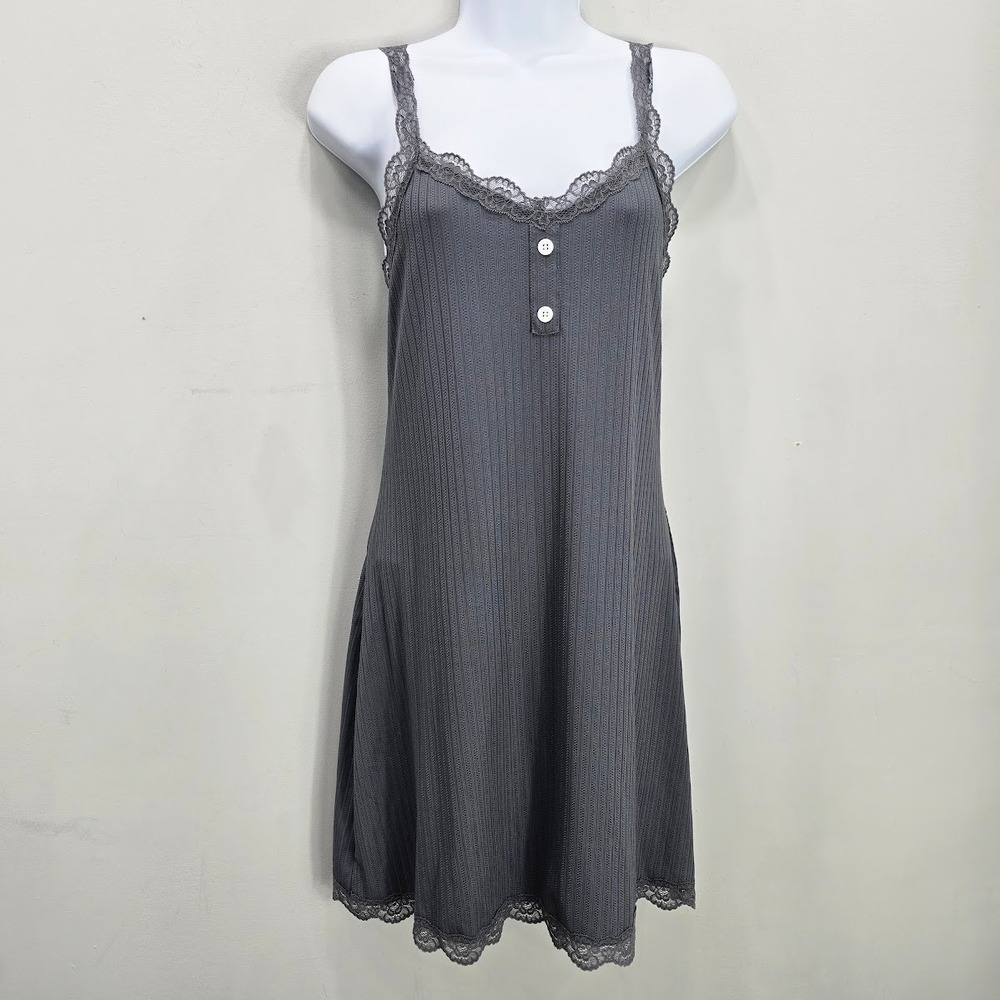 Mini Slip Dress M Gray Ribbed Lace Trim Tank Cami Button Front Whimsigoth Grunge